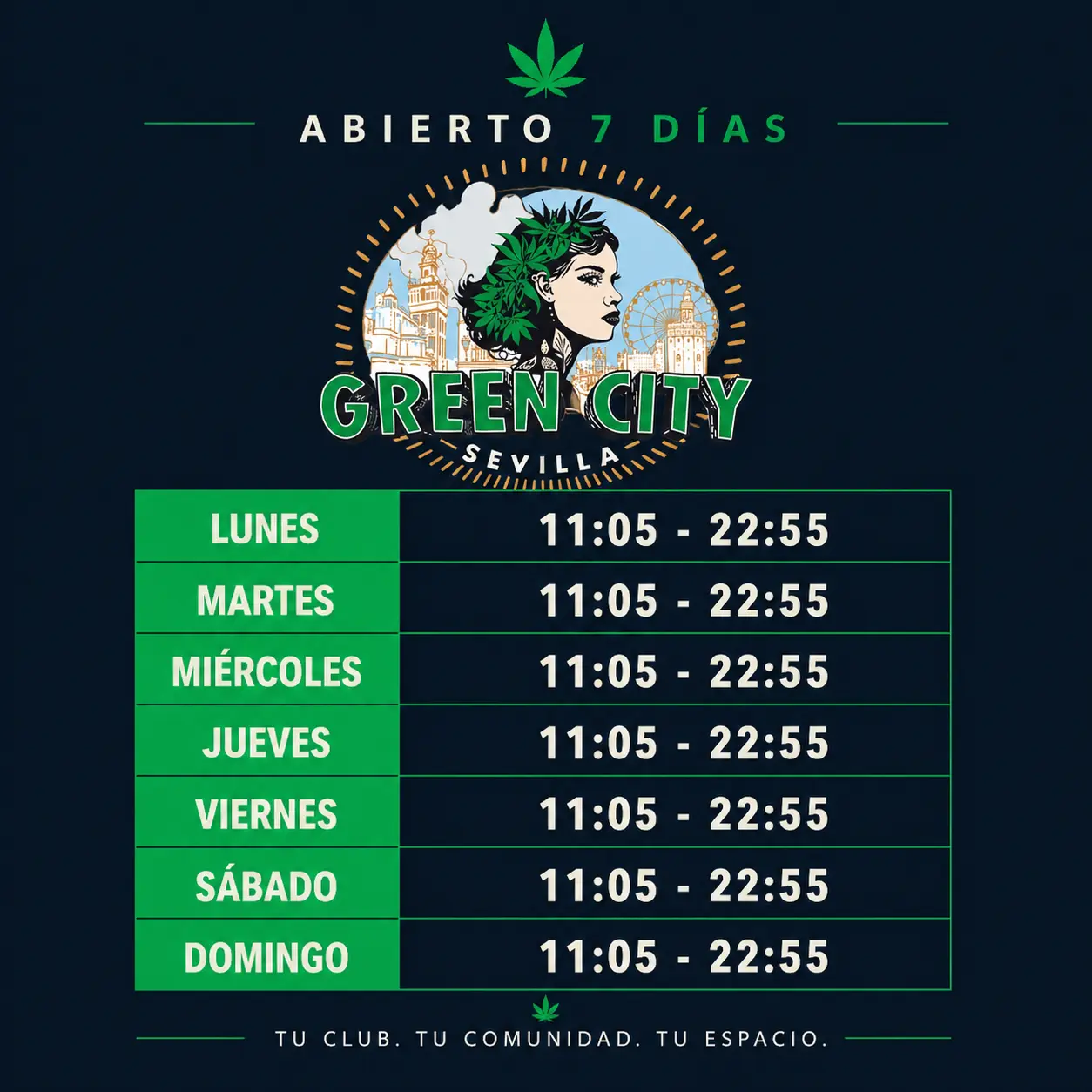 Infografía horarios de apertura y cierre de clubs de cannabis en Sevilla 2026 con reloj mostrando 11:00-23:00 horas y elementos arquitectónicos sevillanos