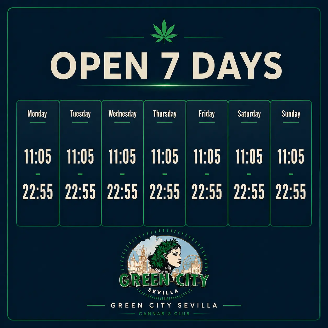 Infographic of cannabis club opening and closing hours in Seville 2026 with a clock showing 11:00 AM-11:00 PM and Sevillian architectural elements