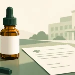 Cannabis medicinal en España: frasco de fórmula magistral junto a una receta hospitalaria y un documento oficial