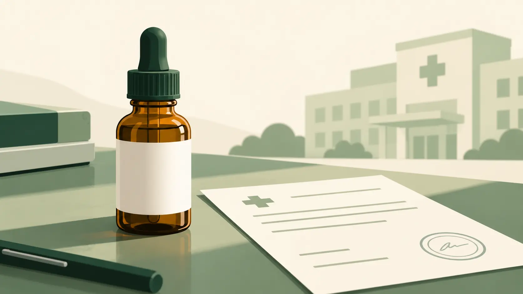 Cannabis medicinal en España: frasco de fórmula magistral junto a una receta hospitalaria y un documento oficial