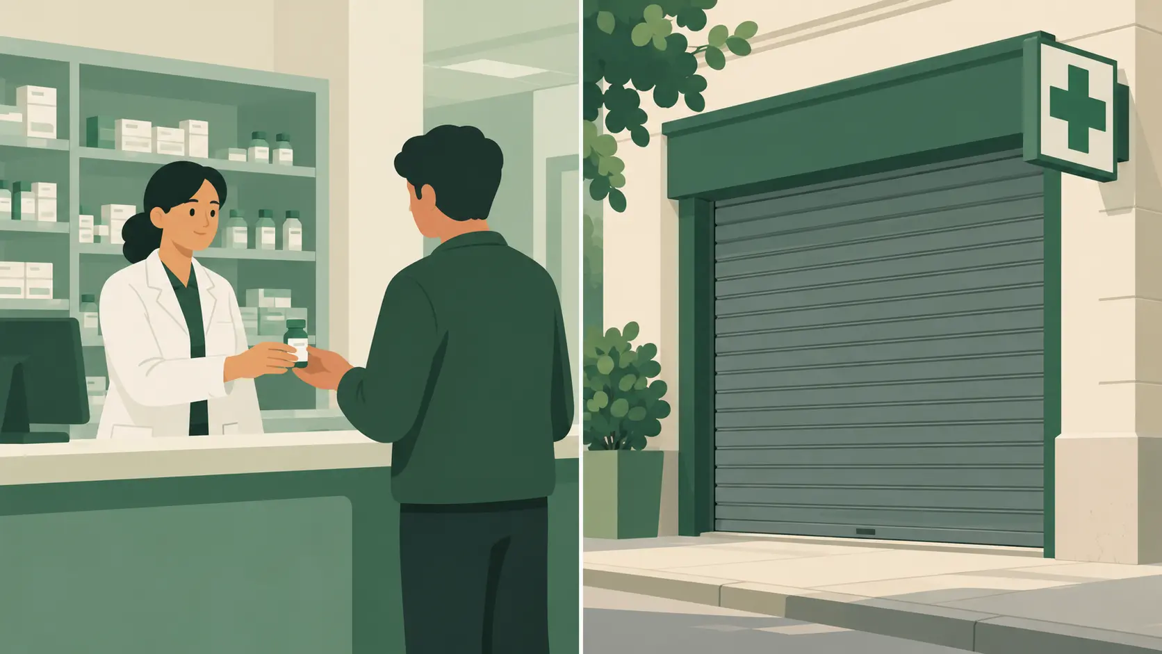 Mostrador de farmacia hospitalaria con un frasco de fórmula magistral frente a una farmacia de barrio con el cierre echado: en España el cannabis medicinal solo se dispensa en hospitales