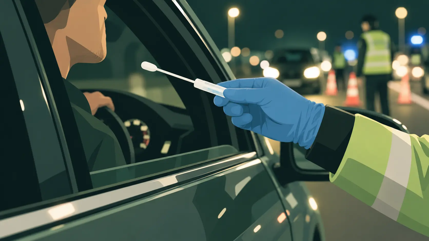 Agente de tráfico realizando un test de saliva a un conductor en un control nocturno: en España se sanciona la presencia de THC, no la afectación